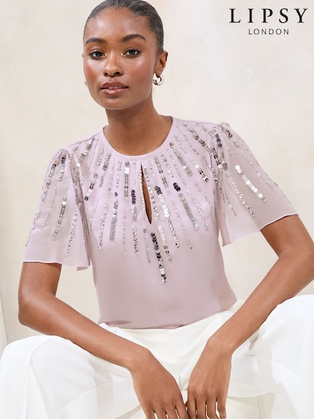 Lipsy Embellished Keyhole Angel Sleeve Top (F38720) | R$ 495