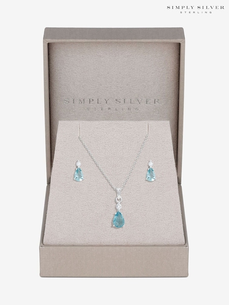 Simply Silver 925 Cubic Zirconia och Aqua Drop Set - Gift Boxed (F38730) | kr630