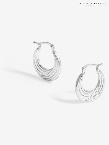 Simply Silver Silver Tone 925 Polished Ribbed flat Hoop Earrings (F38736) | €29