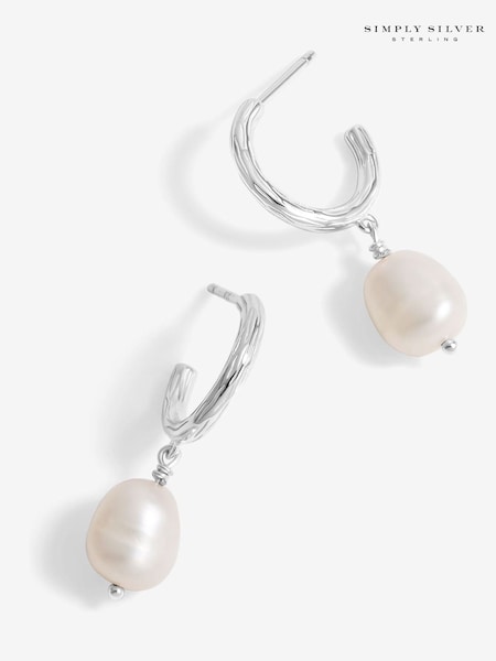 Simply Silver 925 Polished Textured and Pearl Hoop Earrings (F38746) | kr740