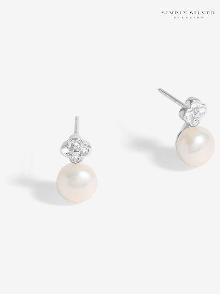Simply Silver Silver Tone 925 Cubic Zirconia Clover and Pearl Drop Stud Earrings (F38754) | 148 QAR