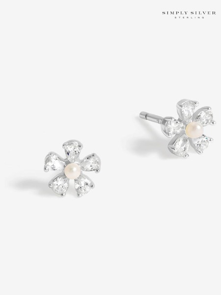 Simply Silver Silver Tone 925 Cubic Zirconia and Pearl Flower Stud Earrings (F38756) | €35