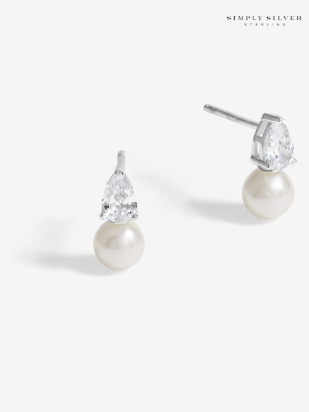 Simply Silver Silver Tone 925 Cubic Zirconia and Pearl Drop Stud Earrings (F38758) | €32