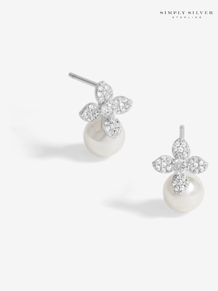 Simply Silver 925 Cubic Zirconia Flower and Pearl Drop Stud Earrings (F38767) | kr630