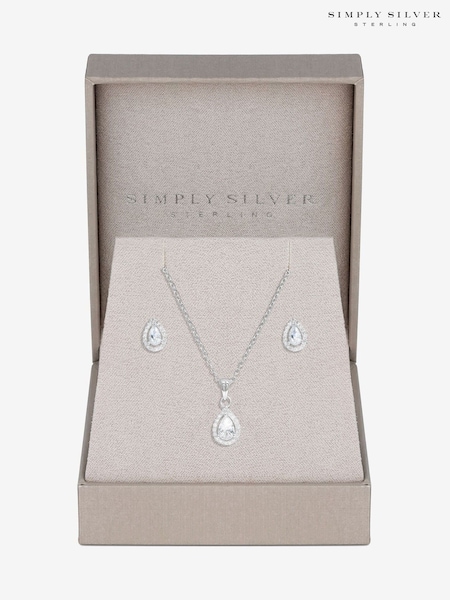 Simply Silver 925 Cubic Zirconia Halo Teardrop Set - Gift Boxed (F38778) | kr630