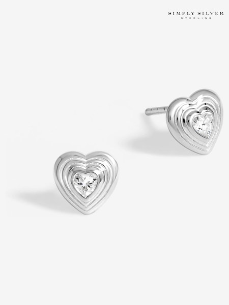 Simply Silver Silver Tone 925 Ridged Heart Cubic Zirconia Stud Earrings (F38780) | €32
