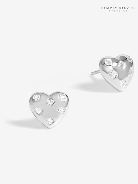 Simply Silver Silver Tone 925 Cubic Zirconia Scattered Stone Heart Stud Earrings (F38783) | €32