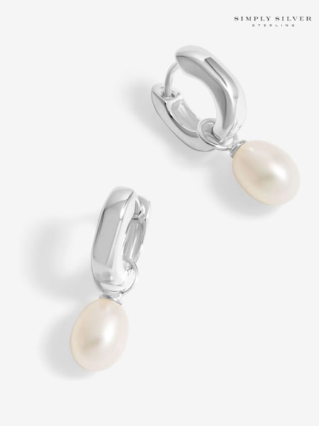 Simply Silver Silver Tone 925 Polished and Pearl Chunky Pearl Hoop Earrings (F38791) | €51