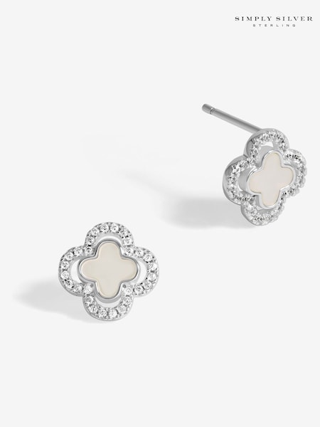 Simply Silver 925 Mother Of Pearl And Cubic Zirconia Clover Stud Earrings (F38810) | kr740
