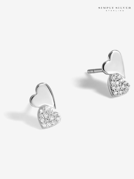 Simply Silver Silver Tone 925 Pave Double Drop Heart Stud Earrings (F38812) | 124 QAR