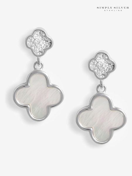 Simply Silver Silver Tone 925 Pave and Mother Of Pearl double Drop Clover Stud Earrings (F38819) | 173 QAR