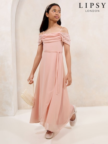 Lipsy Pink Bardot Cold Shoulder Embellished Occasion Dress (7-16yrs) (F38930) | €58 - €67