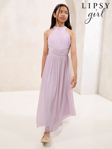 Lipsy Lilac Purple Halter Mesh Maxi Occasion Dress (10-16yrs) (F38932) | €68 - €76