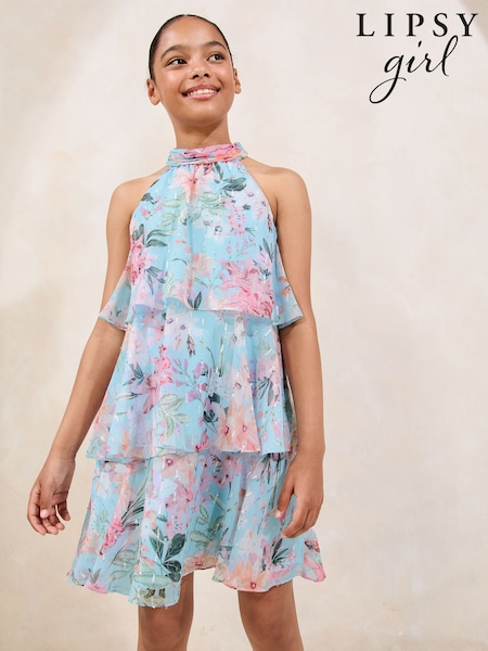 Lipsy Blue Floral Print Halter Tiered Dress (5-16yrs) (F38941) | €47 - €58