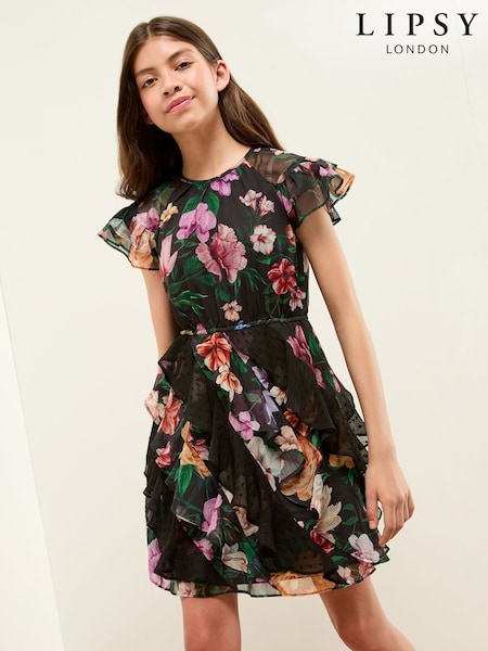 Lipsy Black Floral Print Ruffle Angel Sleeve Dress (5-16yrs) (F38942) | €53 - €63