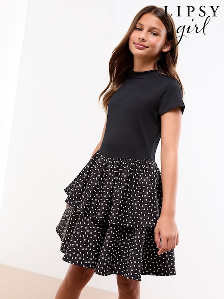 Lipsy Black 2-in-1 Polka Dot Tiered Dress (5-16yrs) (F38950) | 168 QAR - 208 QAR
