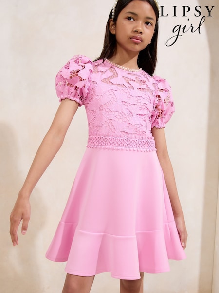 Lipsy Pink Embellished Bow Lace Scuba 2-in-1 Occasion Dress (5-16yrs) (F38952) | €82 - €93