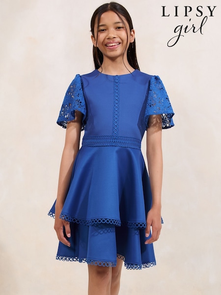 Lipsy Cobalt Blue Lace Angel Sleeve Scuba Occasion Dress (5-16yrs) (F38953) | 247 QAR - 287 QAR