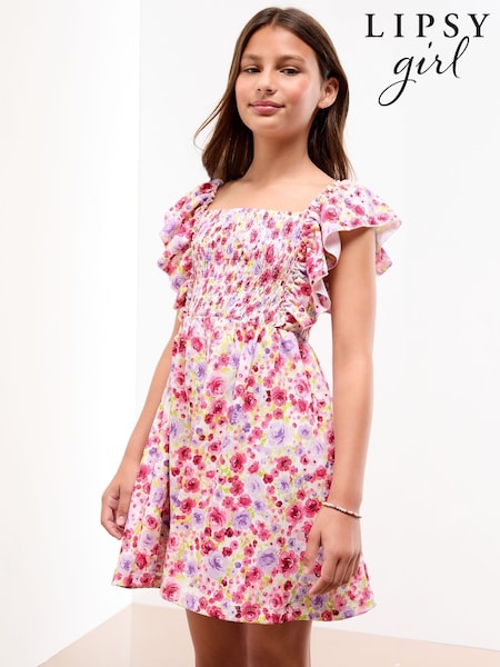 Lipsy White Floral Print Crinkle Jersey Frill Dress (5-16yrs) (F38957) | €36 - €46