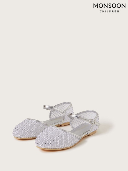 Monsoon Silver Two-Part Diamante Mesh Ballerina Flats (F38973) | kr400 - kr457