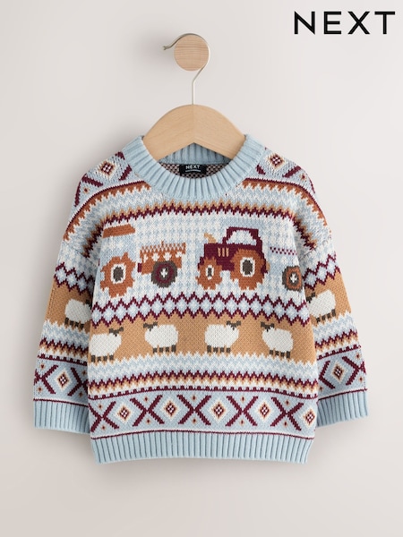 Light Blue Fairisle Pattern Knitted Crew Neck Jumper (3mths-7yrs) (F40045) | 74 QAR - 84 QAR