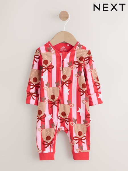 Pink Baby Christmas Reindeer Stripe Sleepsuit (0mths-3yrs) (F40054) | € 13 - € 14