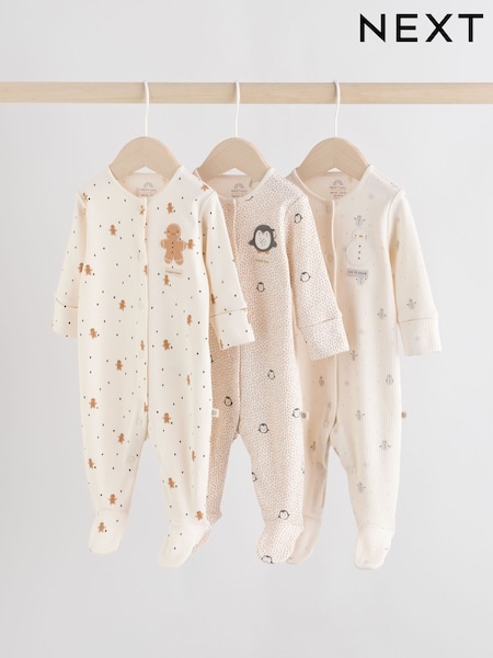 Ecru Baby Christmas Sleepsuits 3 Pack (0mths-2yrs) (F40059) | €30 - €33
