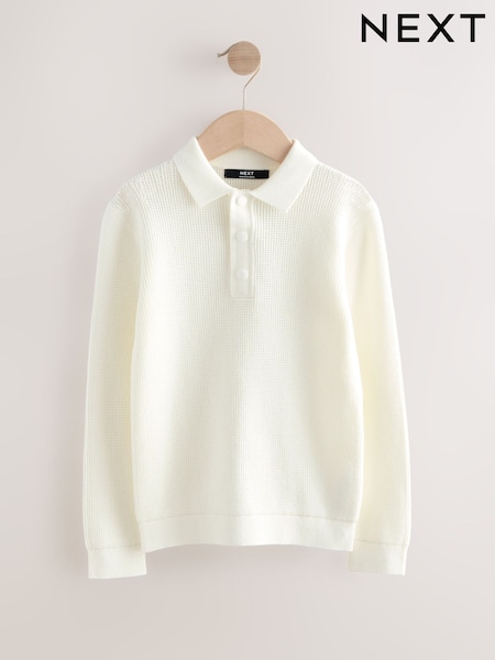 Ecru Cream Long Sleeve Textured Polo Shirt (3-16yrs) (F40077) | 79 QAR - 104 QAR
