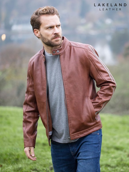 Lakeland Leather Brown Morton Contrast Stripe Stand Collar Biker Jacket (F40145) | kr4 698