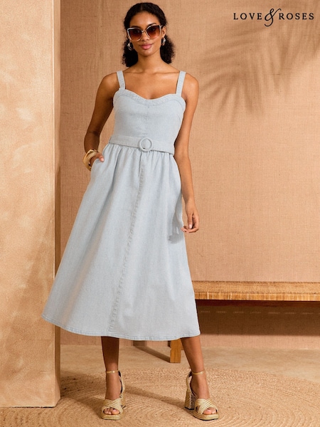 Dungă albastră - Love & Roses Strappy Fit and Flared Denim Belted Midi Dress (F40164) | 462 LEI