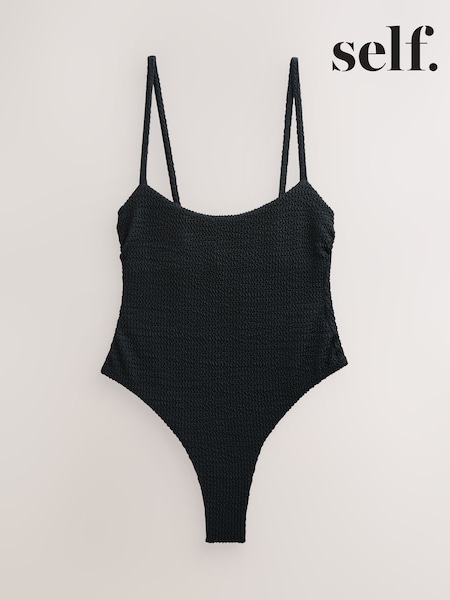 self. Black Crinkle Thong High Leg Scoop Swimsuit (F40177) | €36