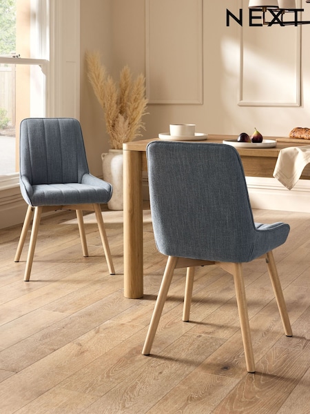 Set of 2 Relaxed Linen Look Mid Blue Hamilton Light Wood Leg Quilted Dining Chairs (F40213) | €365