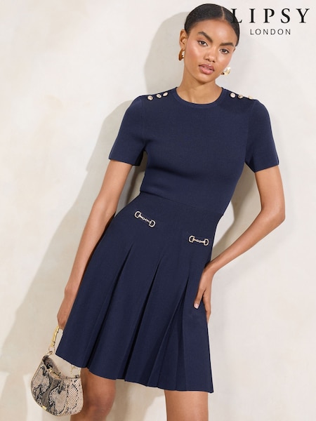Lipsy Navy Knitted Pleated Skater Snaffle Mini Dress (F40235) | € 92