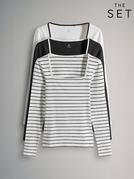 The Set Black/White/Stripe 3 Pack Square Neck Longsleeve T-Shirts (F40246) | R$ 205