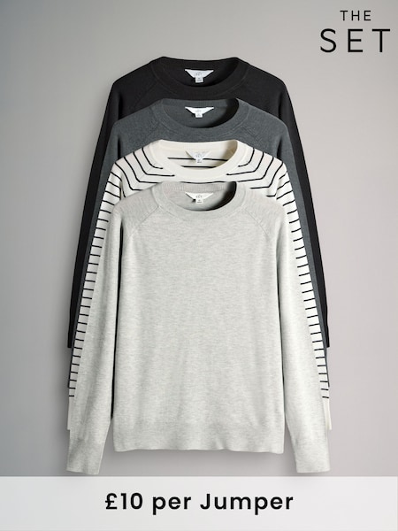 The Set Black/Charcoal/Grey/Black & Cream Stripe 4 Pack Fine Knit Crew Neck Jumpers (F40254) | €53