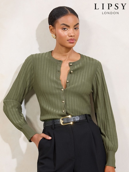 Lipsy Green Knitted Ribbed Crew Neck Buttoned Cardigan (F40256) | €43.50