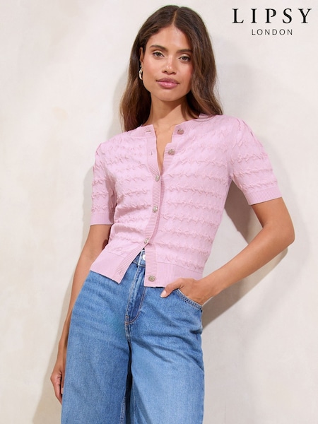 Lipsy Lilac Purple Pointelle Stitch Knit Short Sleeve Button Cardigan (F40264) | €49.50