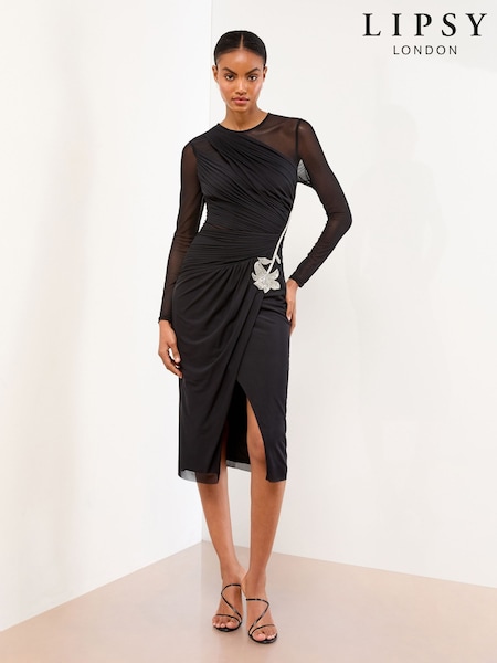 Lipsy Black Long Sleeve Embellished Trim Mesh Bodycon Midi Dress (F40274) | €108