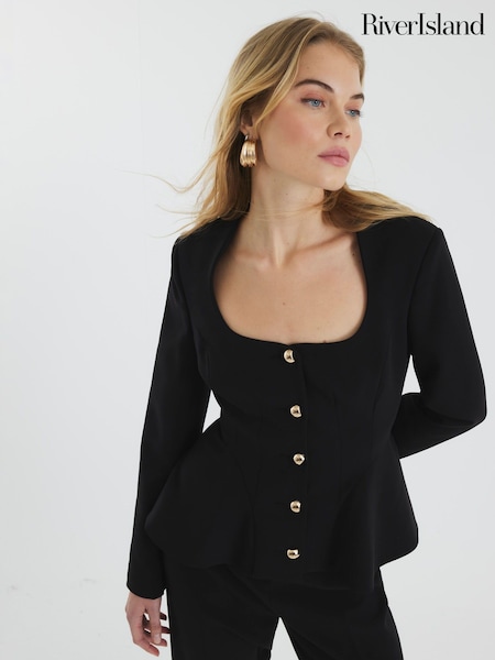 River Island Black Peplum Button Front Blazer (F40337) | 341 QAR
