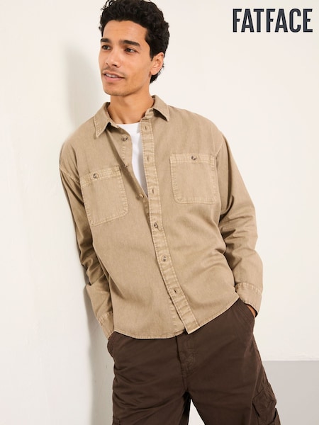 FatFace Light Brown Long Sleeve Relaxed Fit Garment Dye Utility Shirt (F40352) | AZN 138