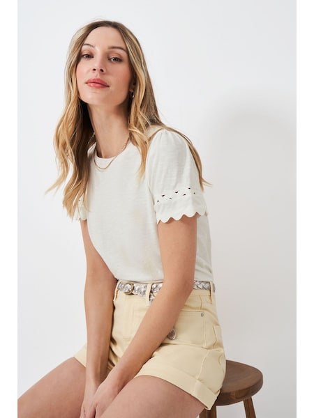 Crew Clothing White Sleeve Detail Crew Neck 100% Cotton Top (F40412) | ₪176