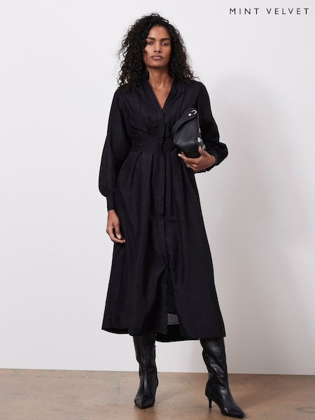 Mint Velvet Black Pleated Midi Shirt Dress (F40629) | €179