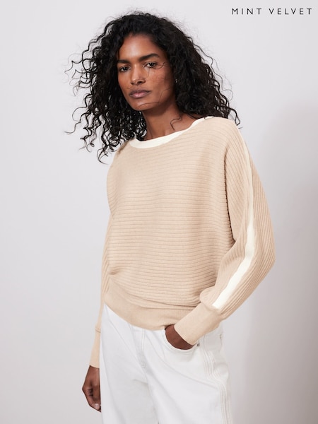 Mint Velvet Cream Cotton Blend Ribbed Batwing Jumper (F40631) | AED259