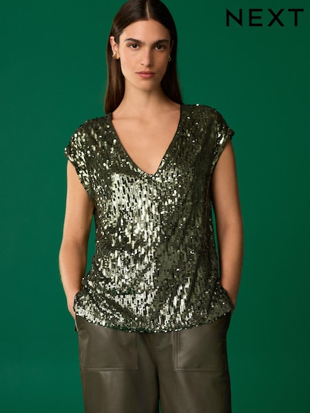 Green Sequin V-Neck Sleeveless Top (F40698) | 72 QAR