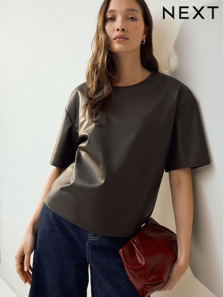 Chocolate Brown Faux Leather Short Sleeve T-Shirt (F40932) | €30