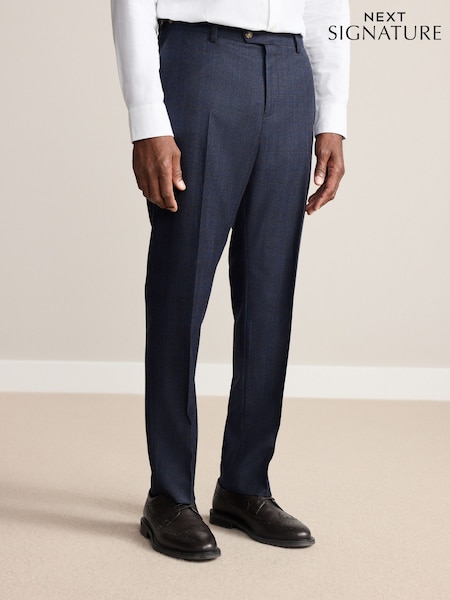 Navy Slim Fit Signature Marzotto 100% Italian Wool Check Suit Trousers (F40934) | 544 QAR