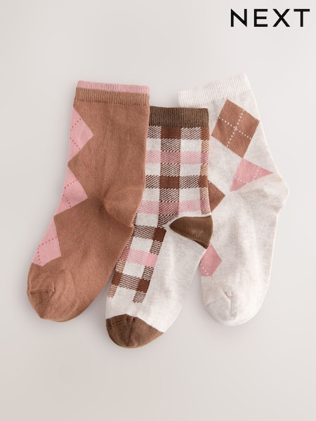 Chocolate Brown and Oatmeal Cotton Rich Argyle Ankle Socks 3 Pack (F40950) | AED30 - AED36