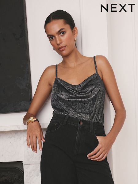 Black / Silver Sparkle Cowl Neck Strappy Bodysuit (F40952) | R$ 245