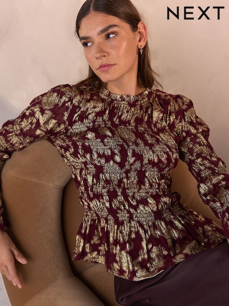 Burgundy/Gold Long Sleeve Metallic Smocked Top (F40975) | €64