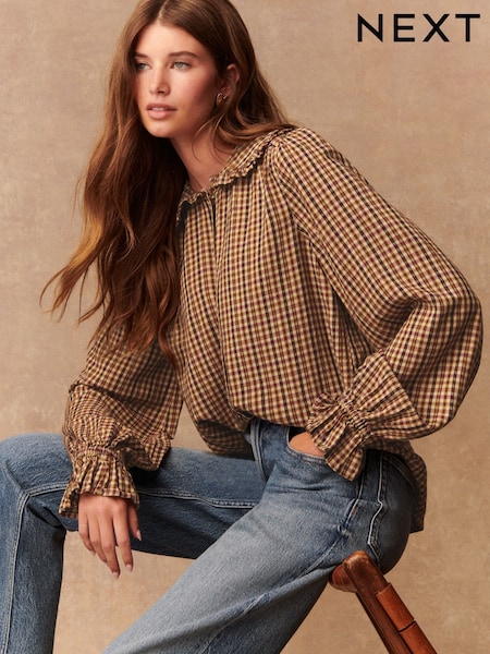 Brown/Orange Check - Peter Pan Collar Long Sleeve Blouse (F40982) | 50 €